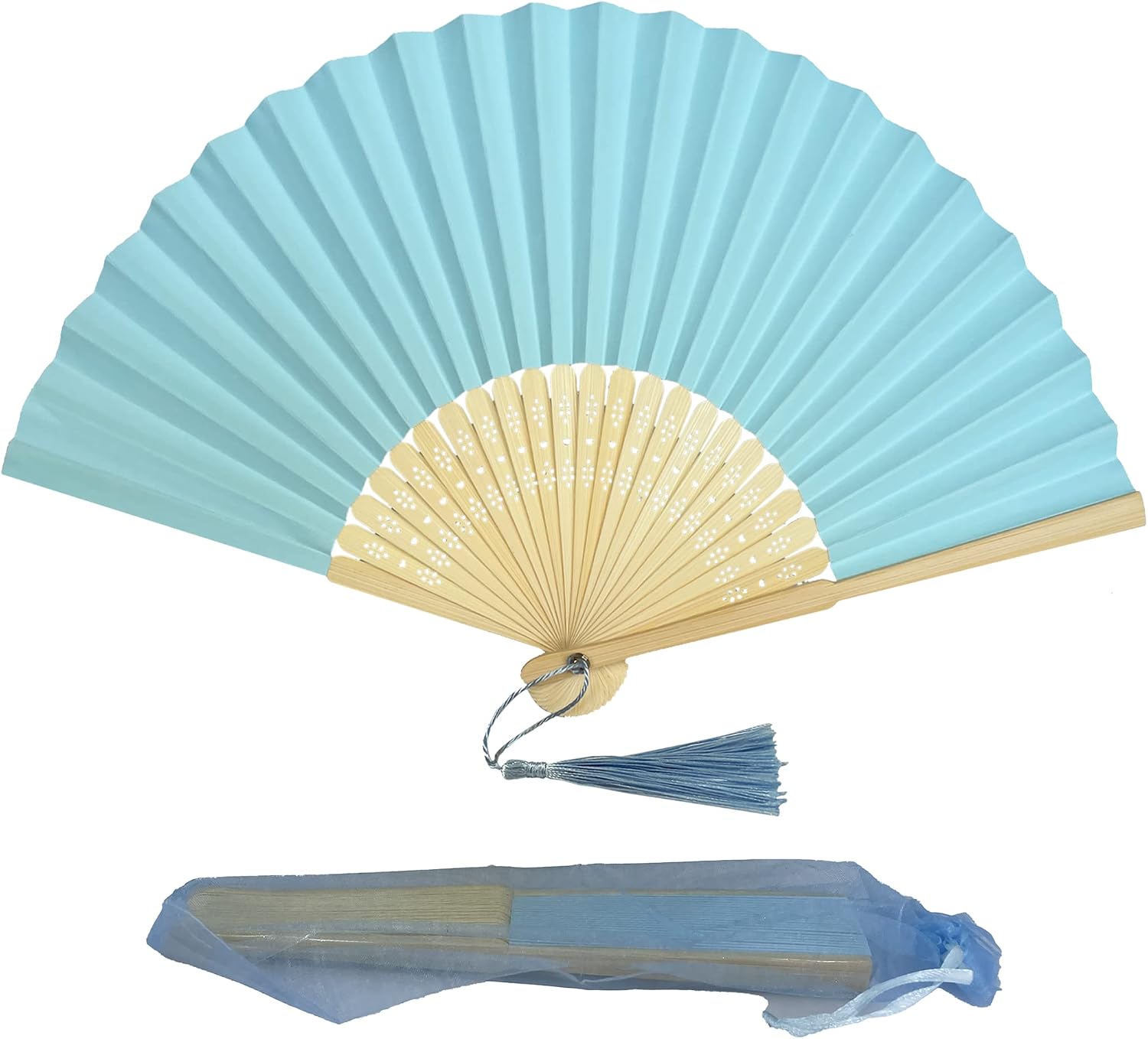 Pack of 10 Paper Handheld Folding Fan with a Tassel and Grade A Bamboo Ribs for Women Girls Summer Party Favor Birthday Wedding Gift (Baby Blue) image 3