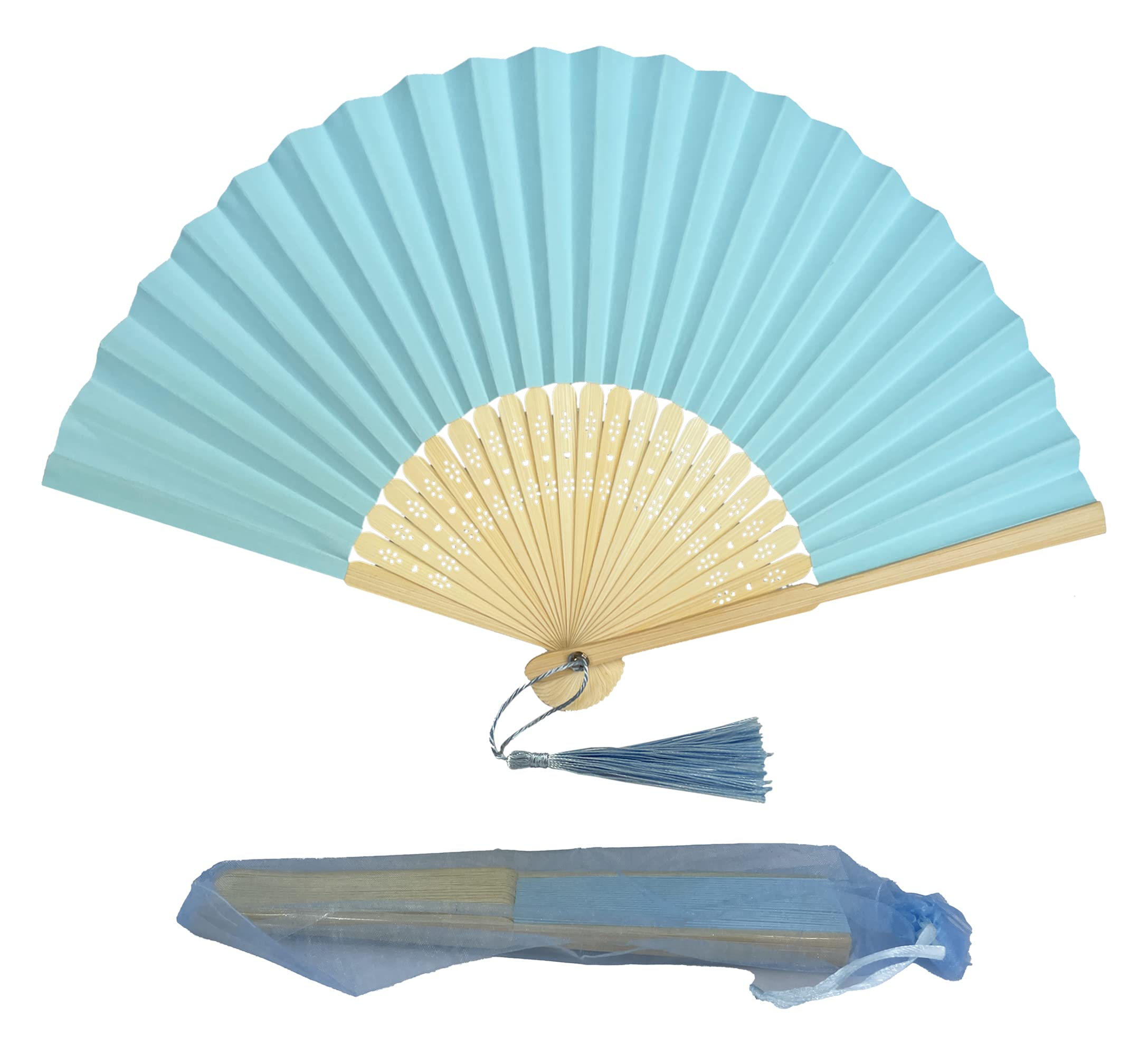 Paquete de 10 abanicos plegables de mano de papel con borla y varillas de bambú de grado A para mujeres y niñas, regalo de fiesta de verano, cumpleaños, boda (azul bebé)