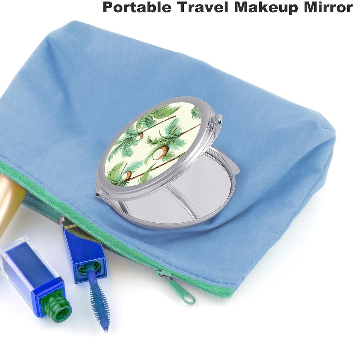 Summer Coconut Tree Portable Makeup Mirror, Sided Travel Hand Mirror Mini Folding Mirror for Precise Makeup Women Daily Use