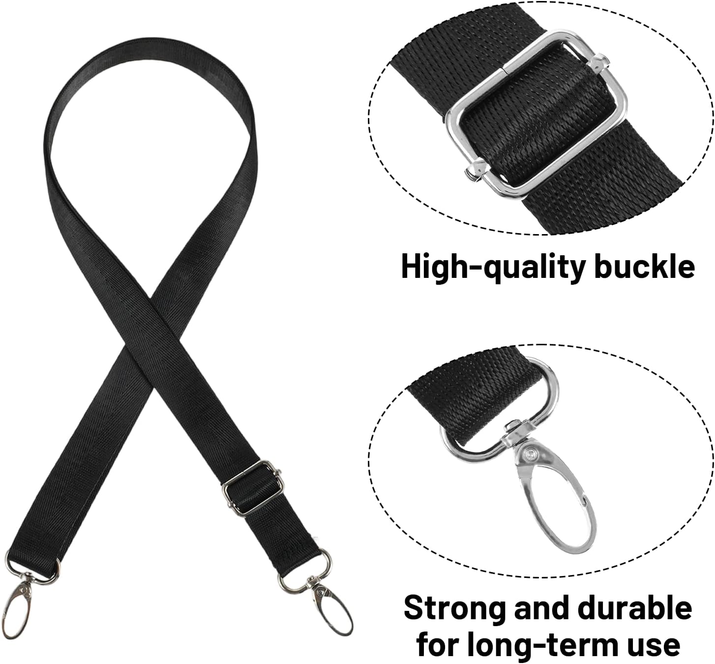 Wide Purse Straps Replacement Crossbody, 55" Nylon Shoulder Strap | Adjustable Strap with Clips for Briefcase Handbags Laptop, Luggage, Camera, Guitar Bag, Black