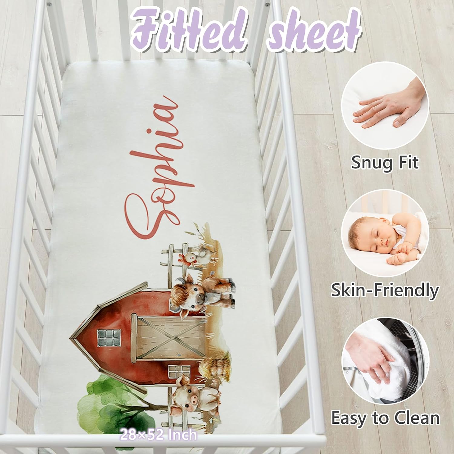 3 Piece Custom Crib Bedding Set for Girl Boy, Custom Name Baby Crib Nursery Bedding Set with Fitted Sheet, Soft Blanket, Rug, Nursery Decor, Personalized Gift for Newborn Infant Toddler(Farm Animals)