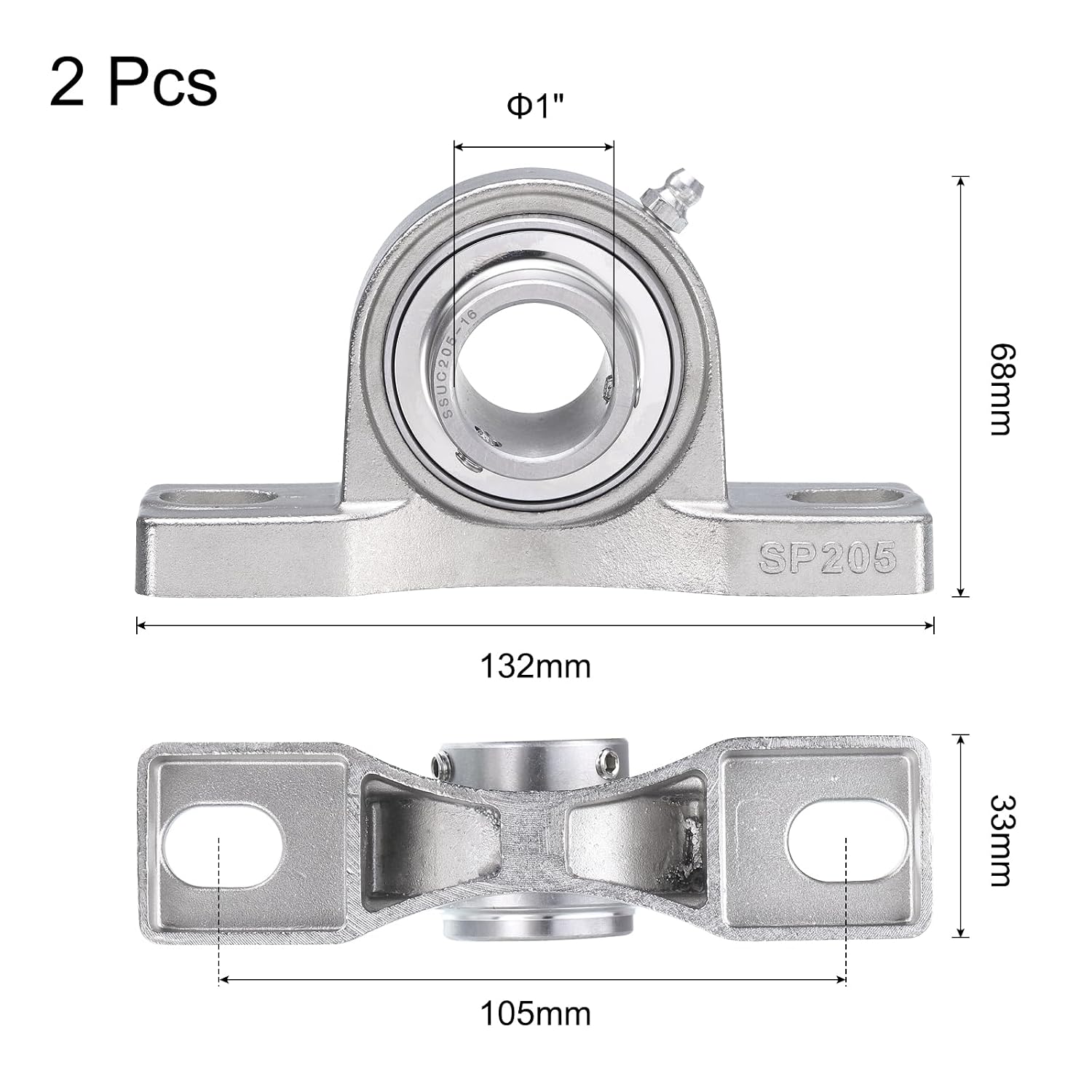 uxcell 2 Pcs SUCP205-16 Pillow Block Bearings 1 inch Bore Self Alignment, Stainless Steel Base Mounted Chrome Steel Bearings
