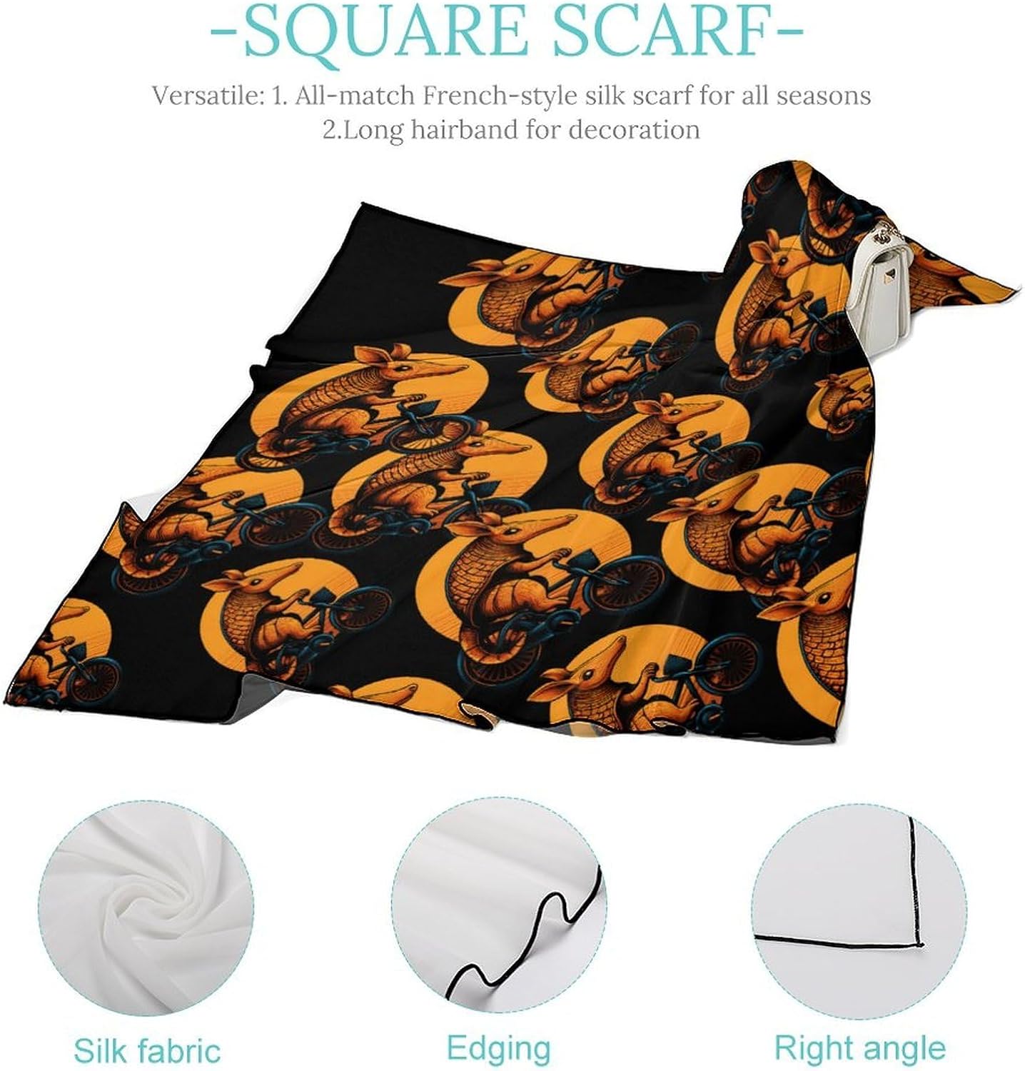 Armadillo ON A Bicycle Bandana Fashion Head Scarf Square Silk Scarf Print Neck Hair Scarfs for Women Men Gifts