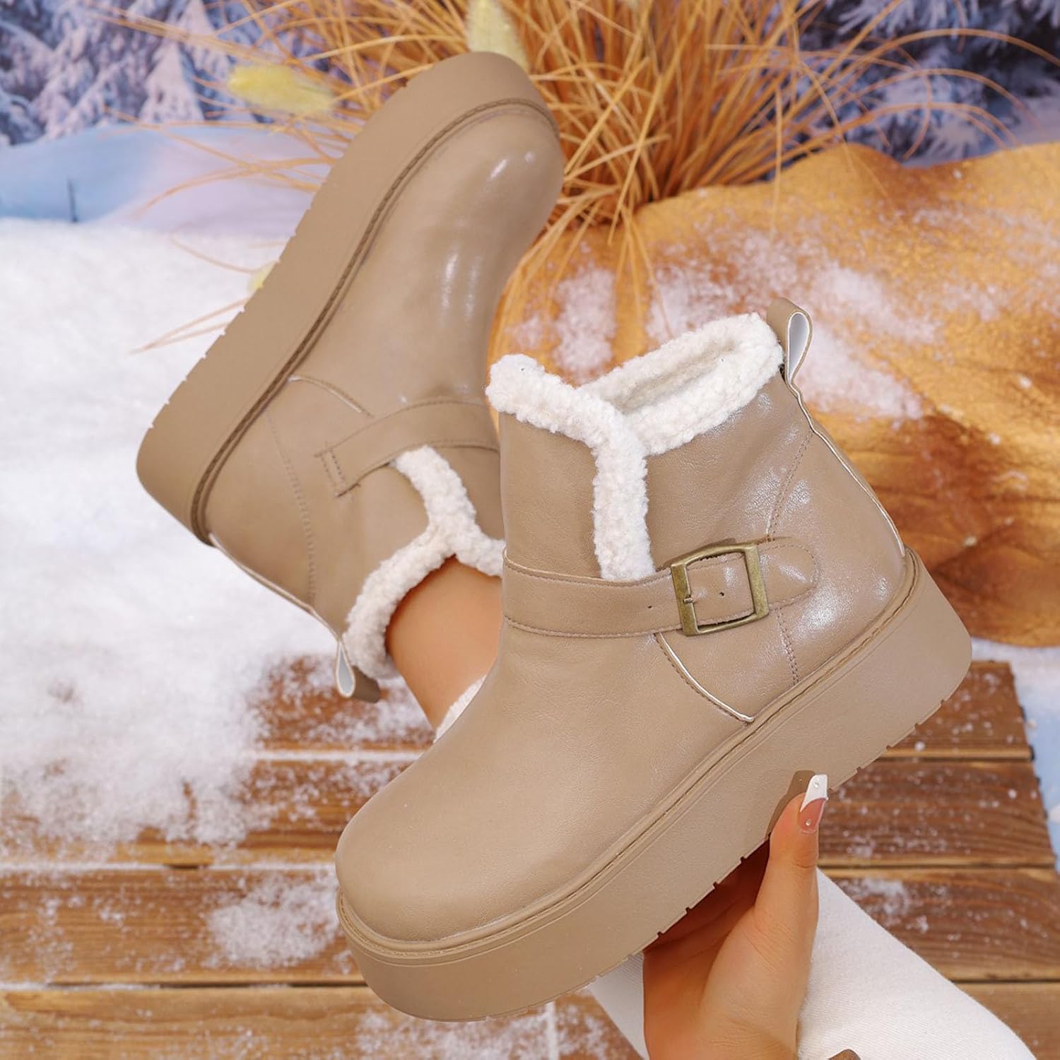Fleece Ankle Boots for Women:Fashion Winter Warm Faux Fur Lining Booties Comfy Anti-Slip Chunky Heel Footwear Shoes