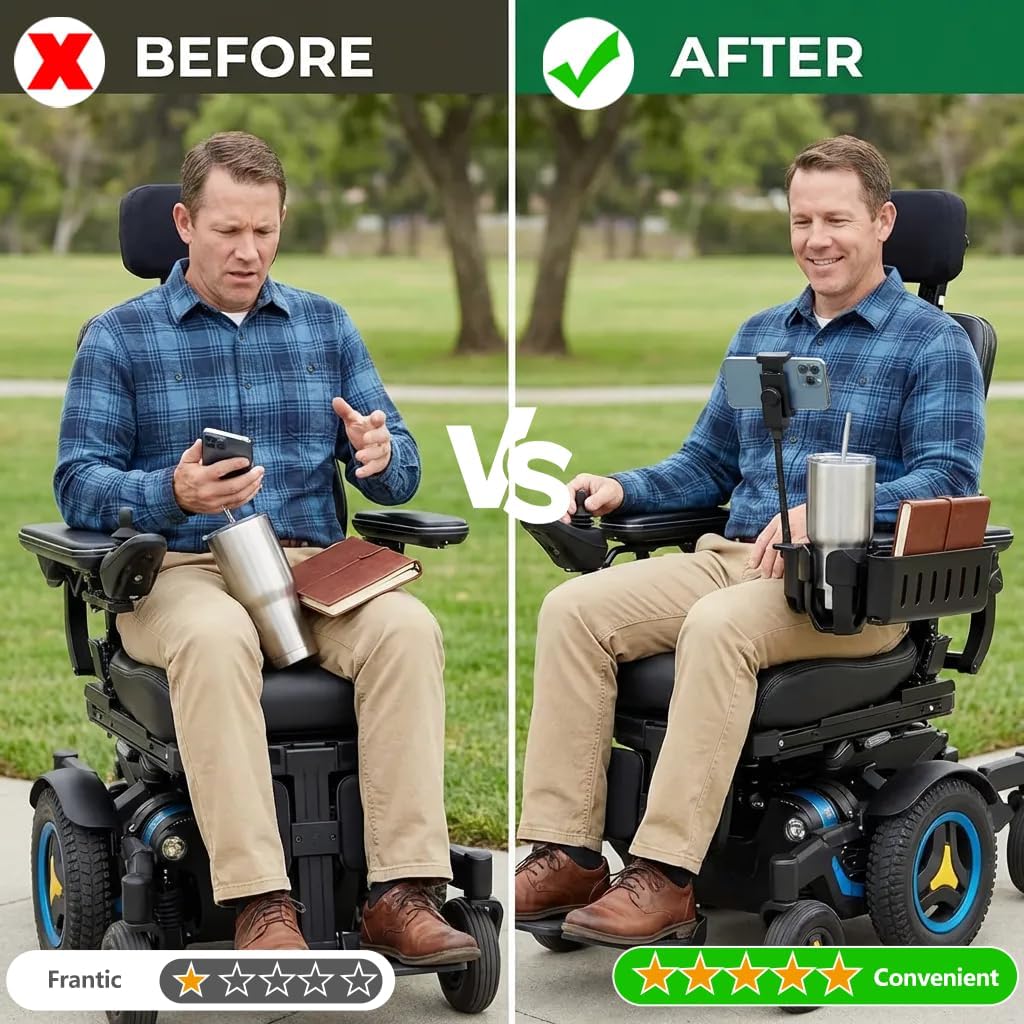 Cup Holder for Permobil Power Wheelchair,for Permobil Wheelchairs with Uni-Track Armrest Rails,3-in-1 Cup Holder,Phone Holder,Storage Basket,for M300,M3,M1,F3,F5 Etc,Easy Install,Secure Mount