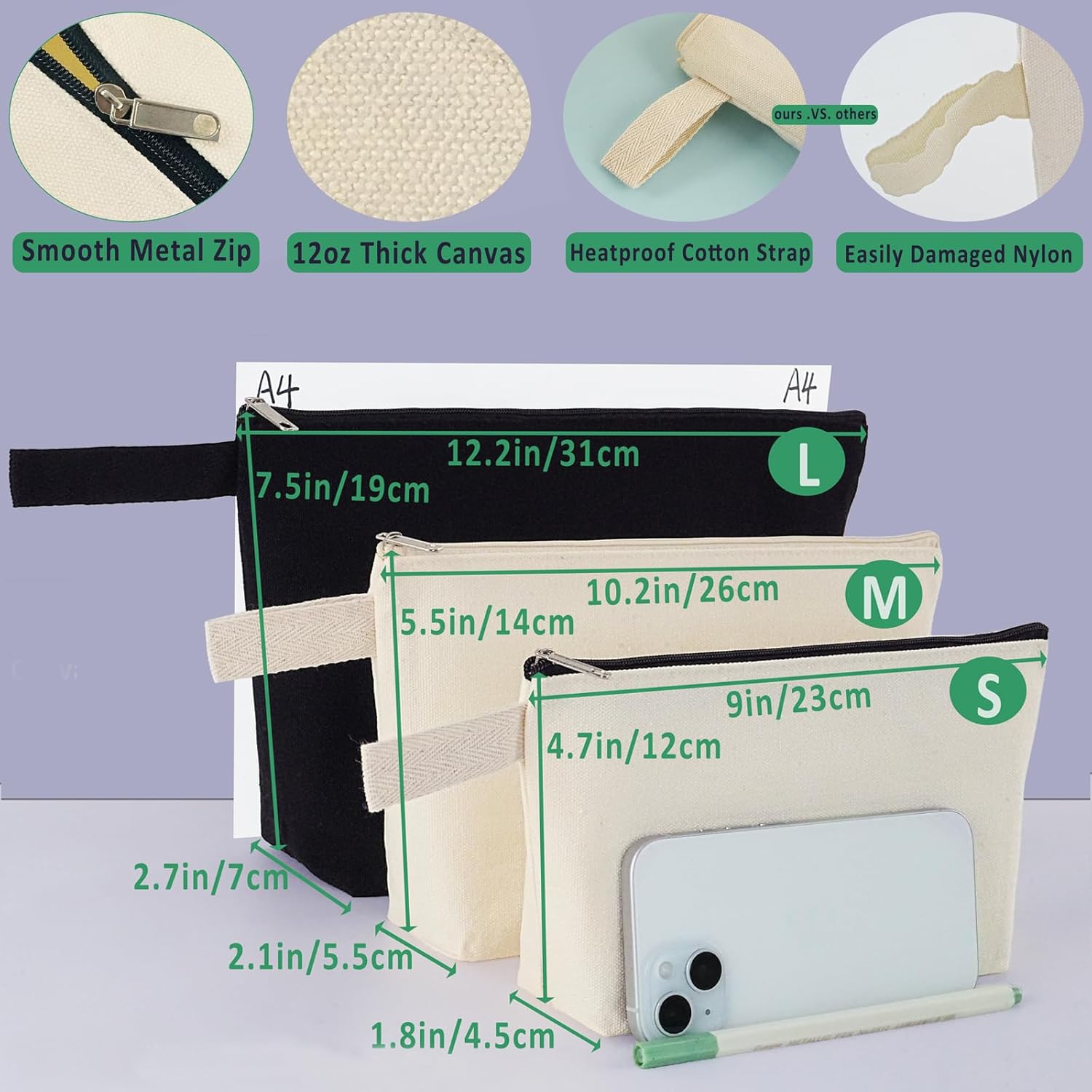 Plain Makeup Bags to Personalize, Zpecox Canvas Pouch Multi-purpose Cosmetic Bag with Zipper, DIY Craft Canvas Zipper Pouch Blank Bulk Travel Toiletry Bags for Organization (Beige, L, 12.2x7.4x 2.7'') - Image 2