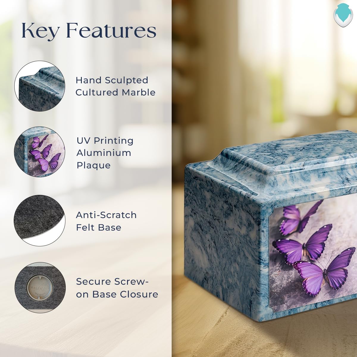 GetUrns Cultured Marble Urn Vault by Mackenzie with Personalized Butterfly and Text for Human Ashes I Sky Blue Adult Urns for Male and Female I 210lbs