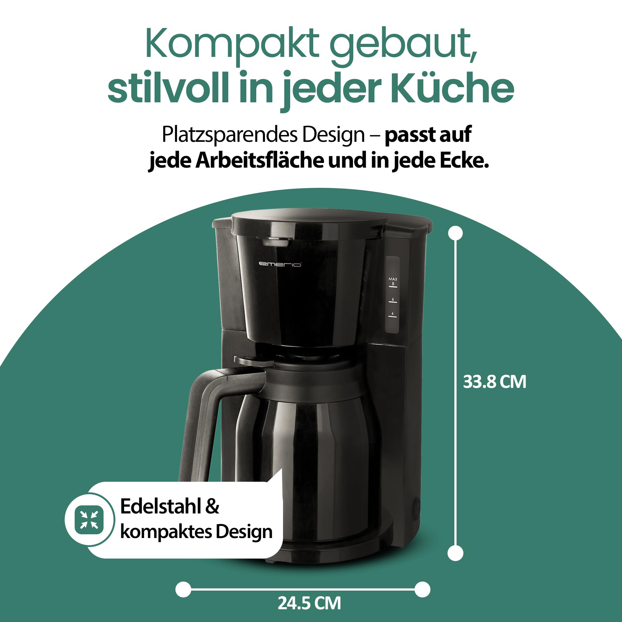 Emerio Cafetera de filtro con 2 jarras térmicas, 900W, hasta 8 tazas en una sola pasada, filtro giratorio 1x4 con sistema antigoteo, incluye filtro permanente, apagado automático, piezas de plástico
