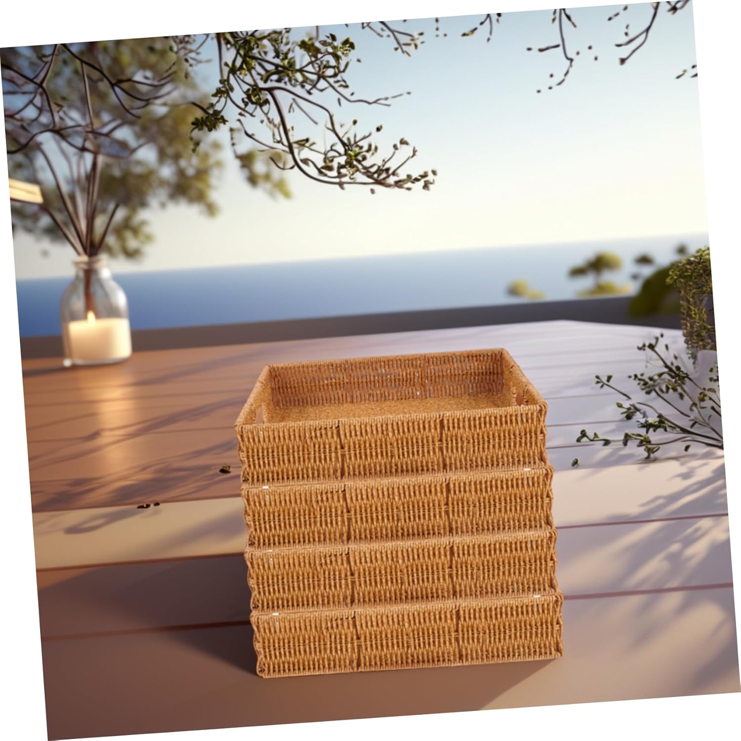 Garneck 4pcs Handwoven Imitation Rattan Decorative Serving Tray Multi-functional Storage Baskets for Fruits Snacks and Bread Elegant Natural Design for Home and Kitchen Use Large