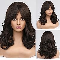 Vista 12 de HAIRCUBE Pelucas de onda larga con flequillo, pelucas rizadas de color marrón degradado para mujer, pelucas sintéticas resistentes al calor