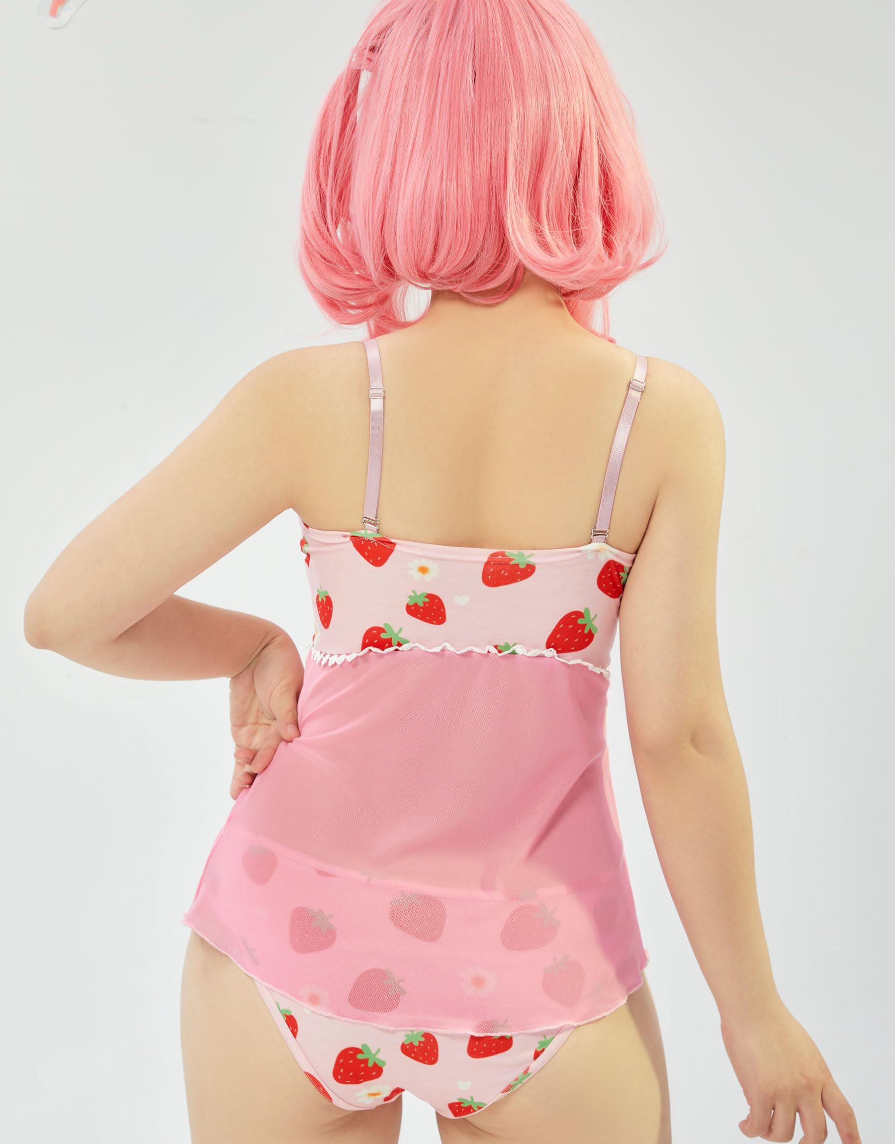 Mobbunny Pink Lace Babydoll Lingerie for Women Strap Chemise Nighties V Neck Sleepwear Strawberry Print Loungewear