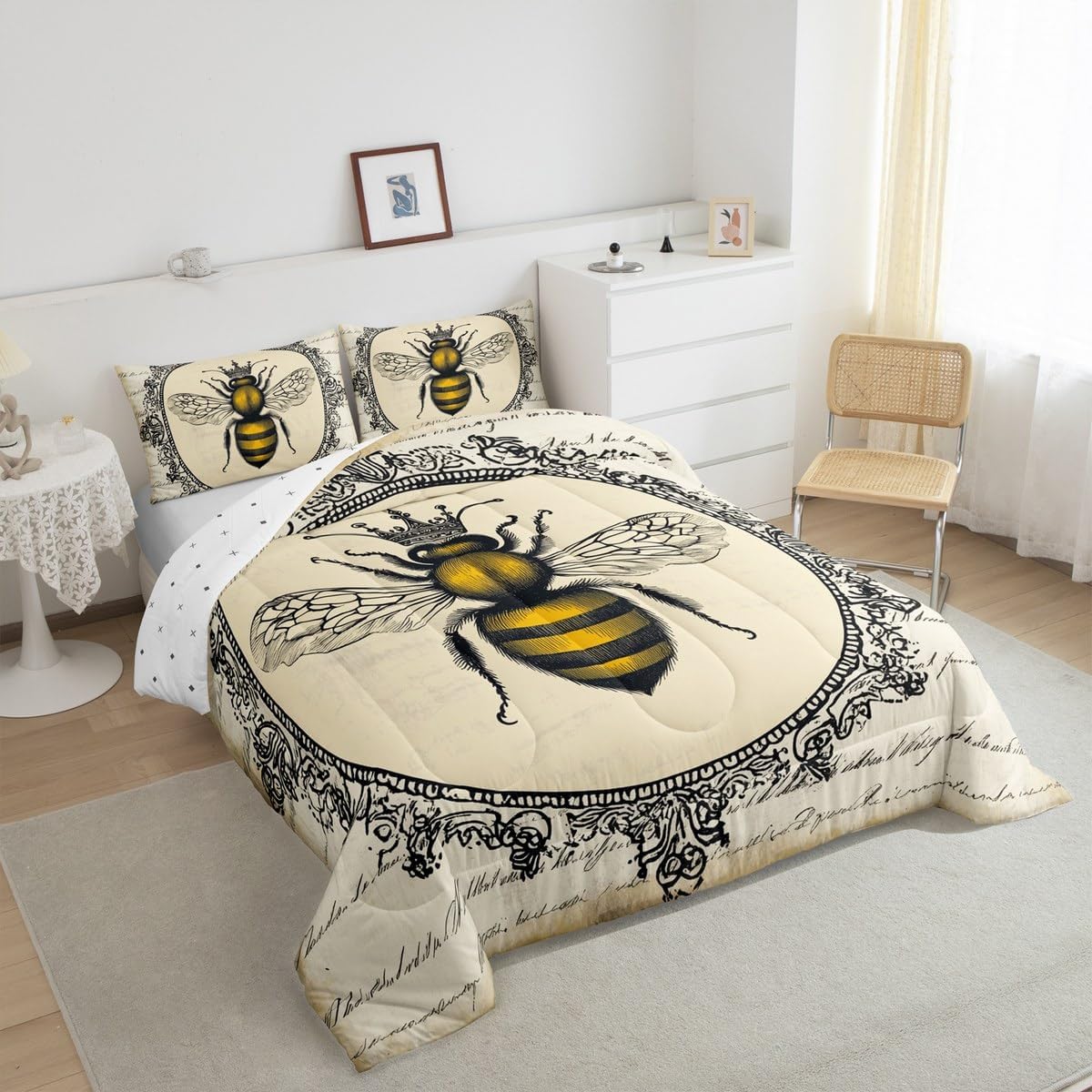 Erosebridal Sweet Honey Bee Bedding Set Queen Cute Kawaii Animal Comforter Set Retro Vintage Style Quilt Set 70S 80S Grunge Bedding Comforters & Sets Old Newspaper Print Duvet Set Breathable 3pcs