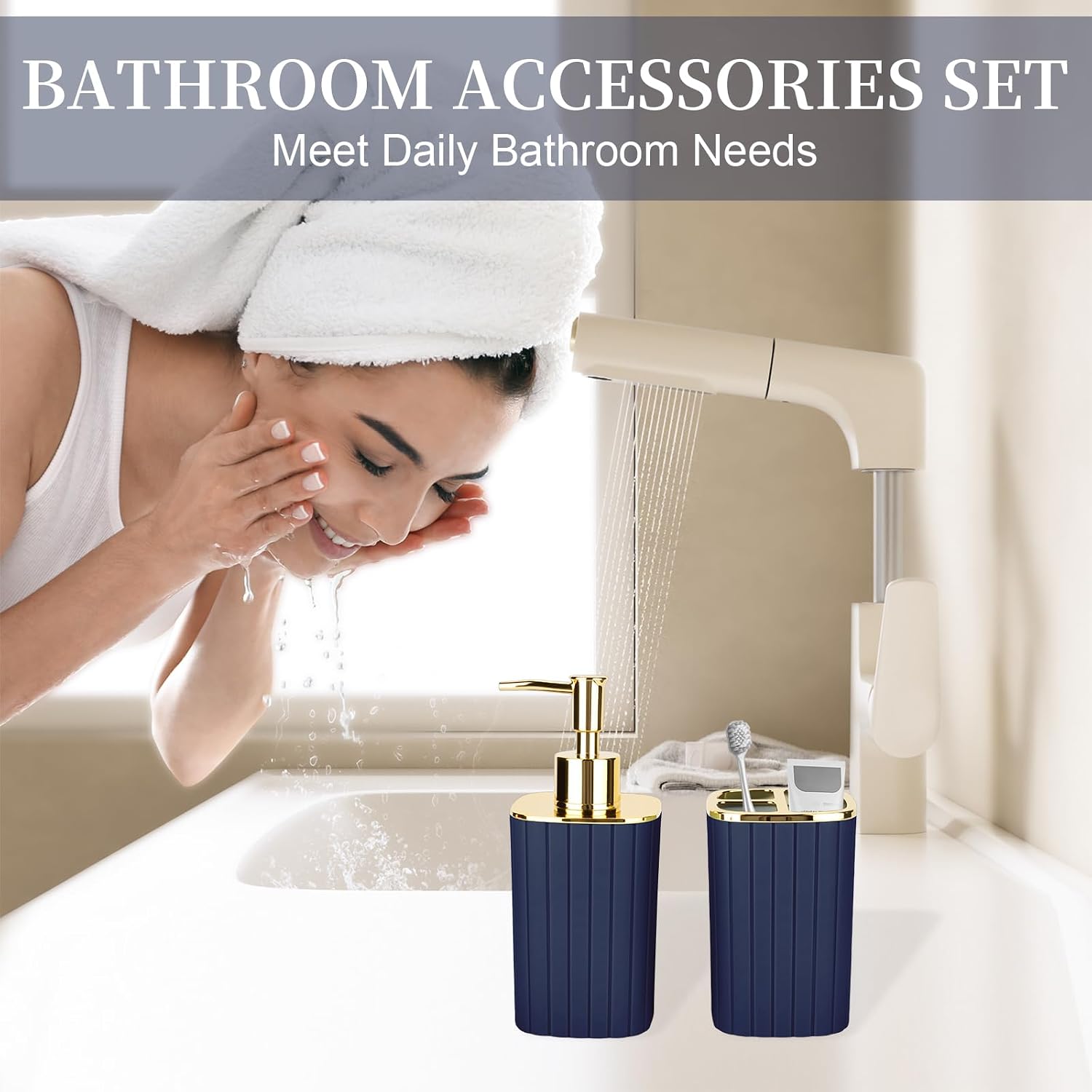 RRM Bathroom Soap Dispenser and Toothbrush Holder Set, Navy Blue image 2