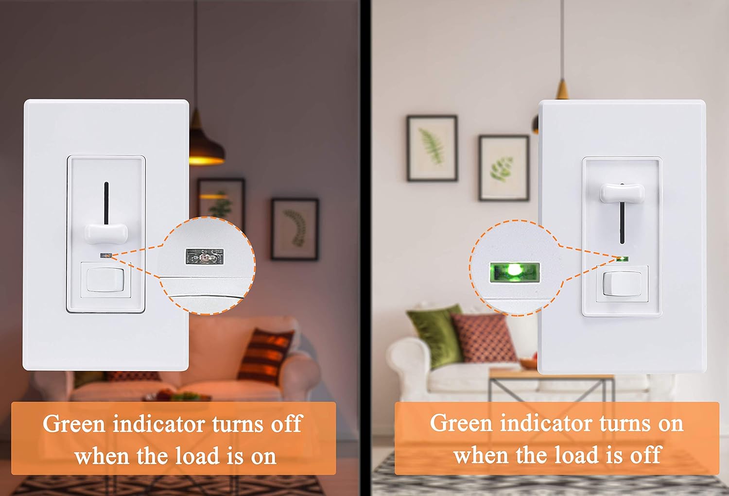 Cloudy Bay in Wall Dimmer Switch with Green Indicator,for LED Light/CFL/Incandescent,3-Way Single Pole Dimmable Slide,600 Watt max,Cover Plate Included,White - - 