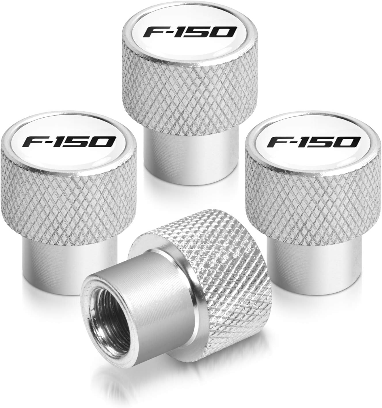 iPick Image for Ford F-150 in White on Silver Easy-Grip Aluminum Tire Valve Stem Caps
