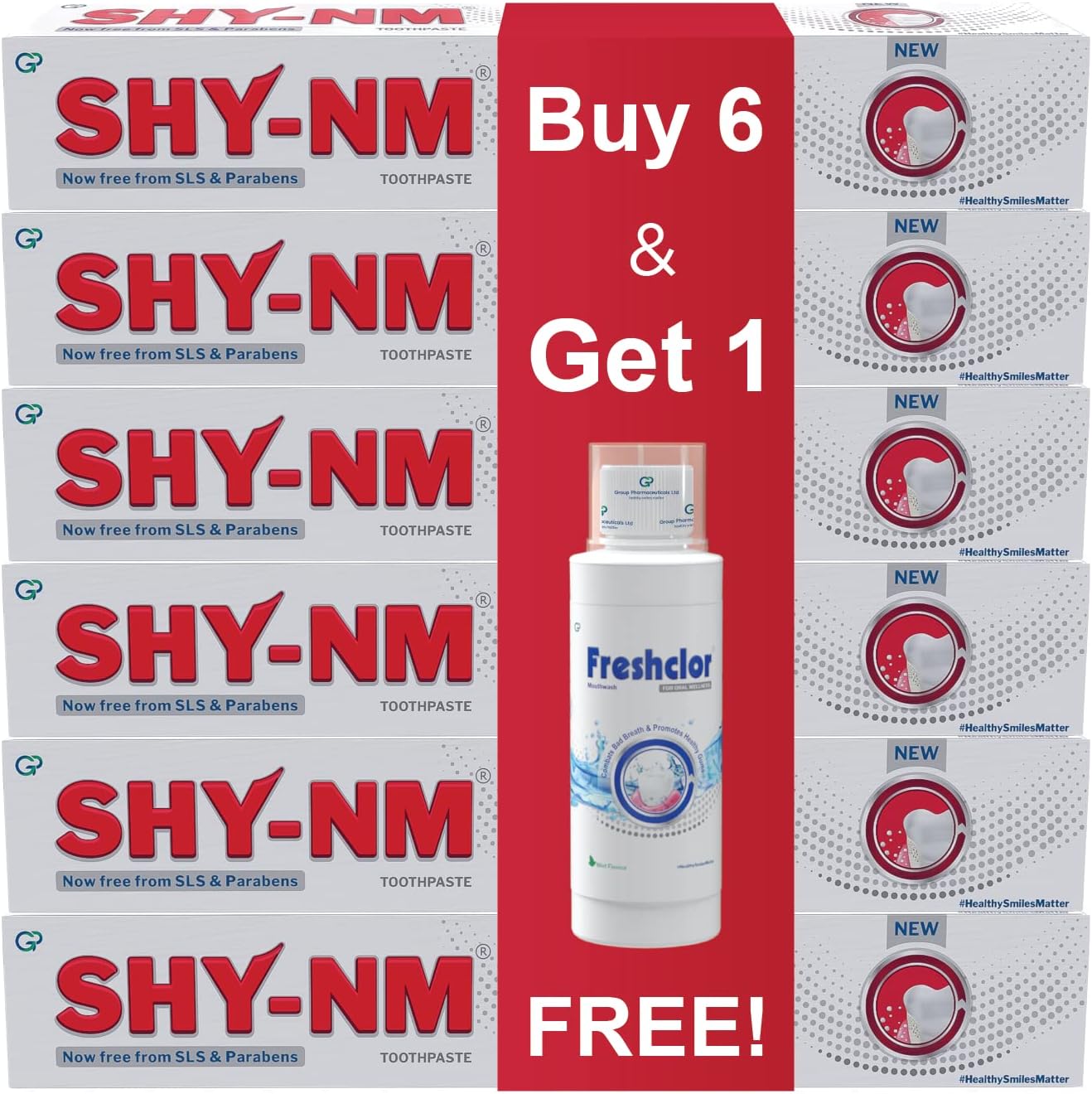 SHY-NM Toothpaste for Sensitivity (100g x 6) | Plus 1 free Freshclor Mouthwash (200ml) | SLS free, Parabens free and Vegan friendly (Pack of 6 +1)