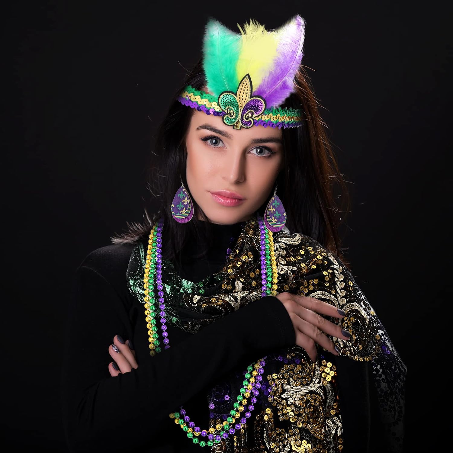 8 Pcs Mardi Gras Costume Women Accessories Set Mardi Gras Poncho Shawl Mardi Gras Beads Necklaces Feather Headband Dangle Earrings Fingerless Fishnet Gloves for Party Favor Parade Accessory - Image 4