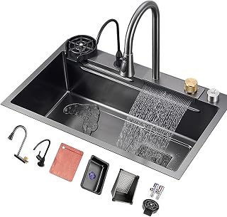 304 Stainless Steel Kitchen Sink Nano Single Bowl Waterfall Sink Multi-Function Bar Prepare Sink with Faucet Drain Basket Cup Washer Drainage Component Drop in Or Under Mount (Colo