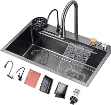 304 Stainless Steel Kitchen Sink Nano Single Bowl Waterfall Sink Multi-Function Bar Prepare Sink with Faucet Drain Basket Cup Washer Drainage Component Drop in Or Under Mount (Colo