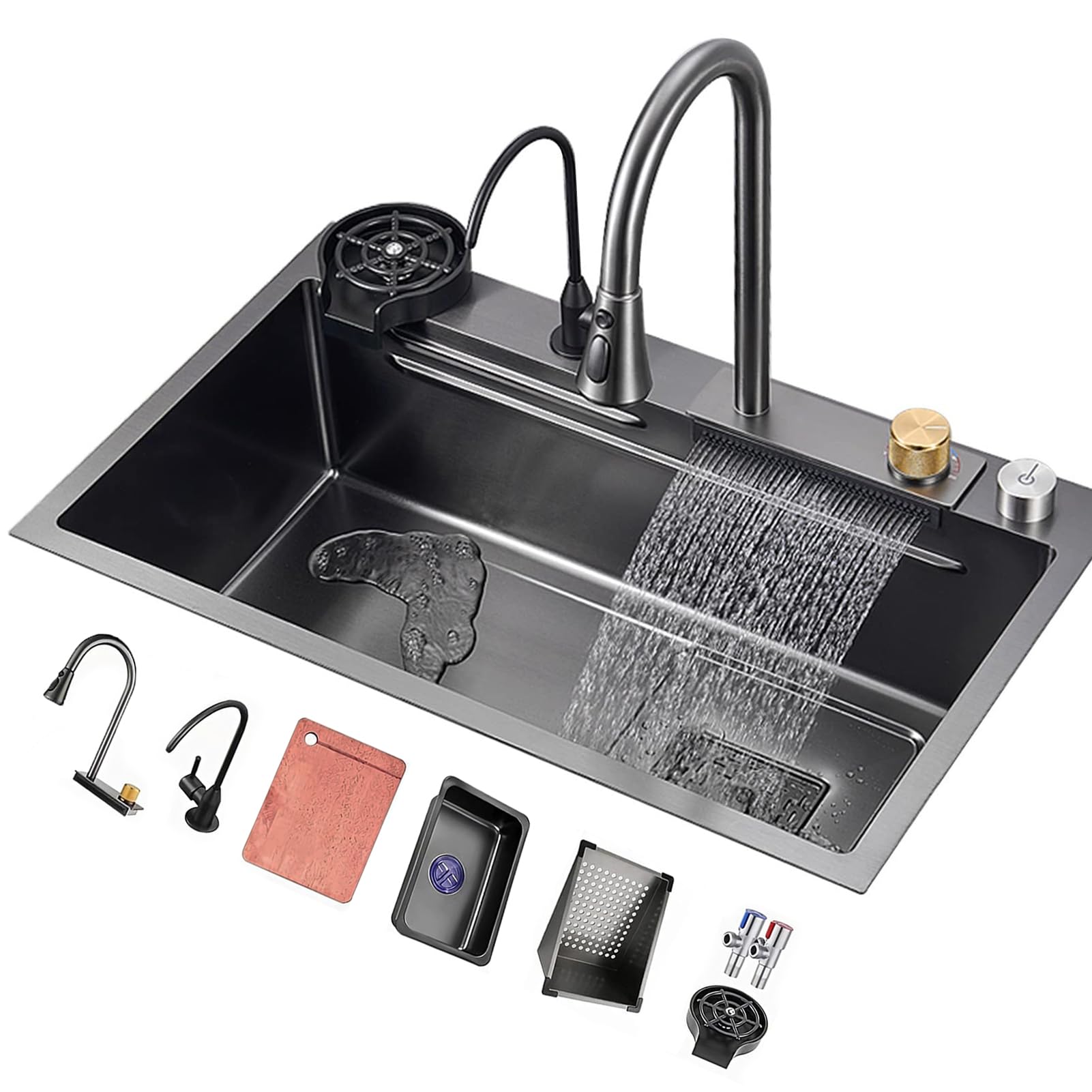 Évier de cuisine cascade sous plan évier simple inox 304 nano évier noir