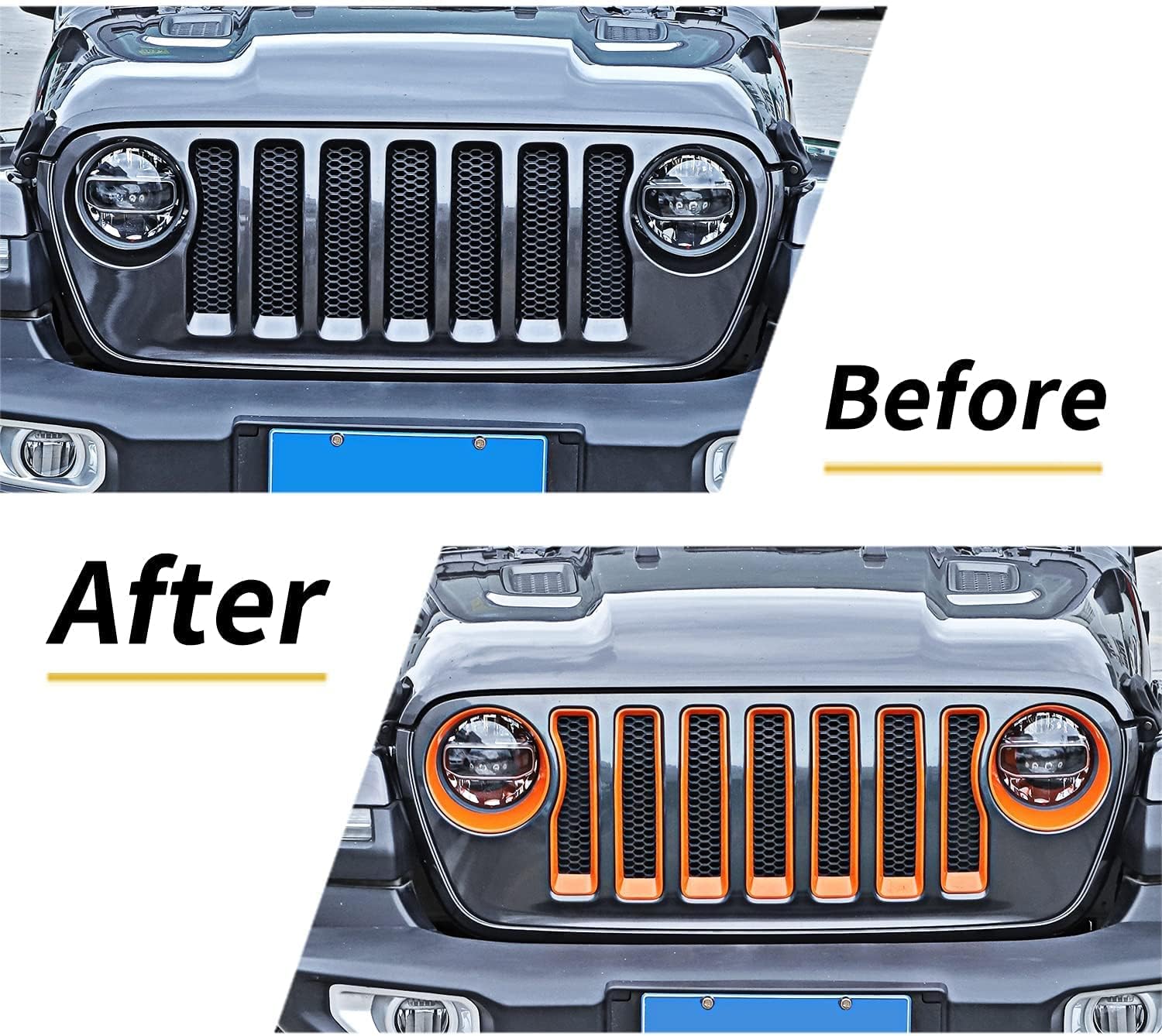 JeCar Front Grill Inserts & Headlight Trim Cover Exterior Accessories Compatible with Jeep Wrangler 2018-2023 JL & Unlimited, Orange