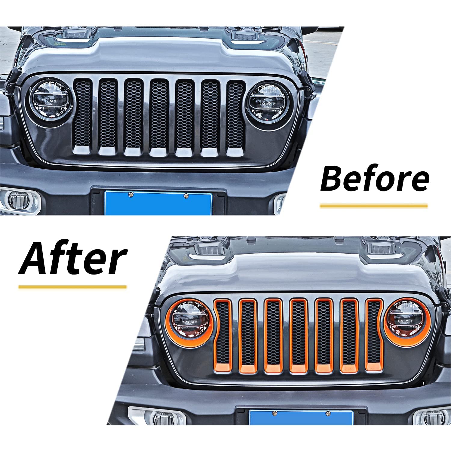 JeCar Front Grill Inserts & Headlight Trim Cover Exterior Accessories Compatible with Jeep Wrangler 2018-2023 JL & Unlimited, Orange