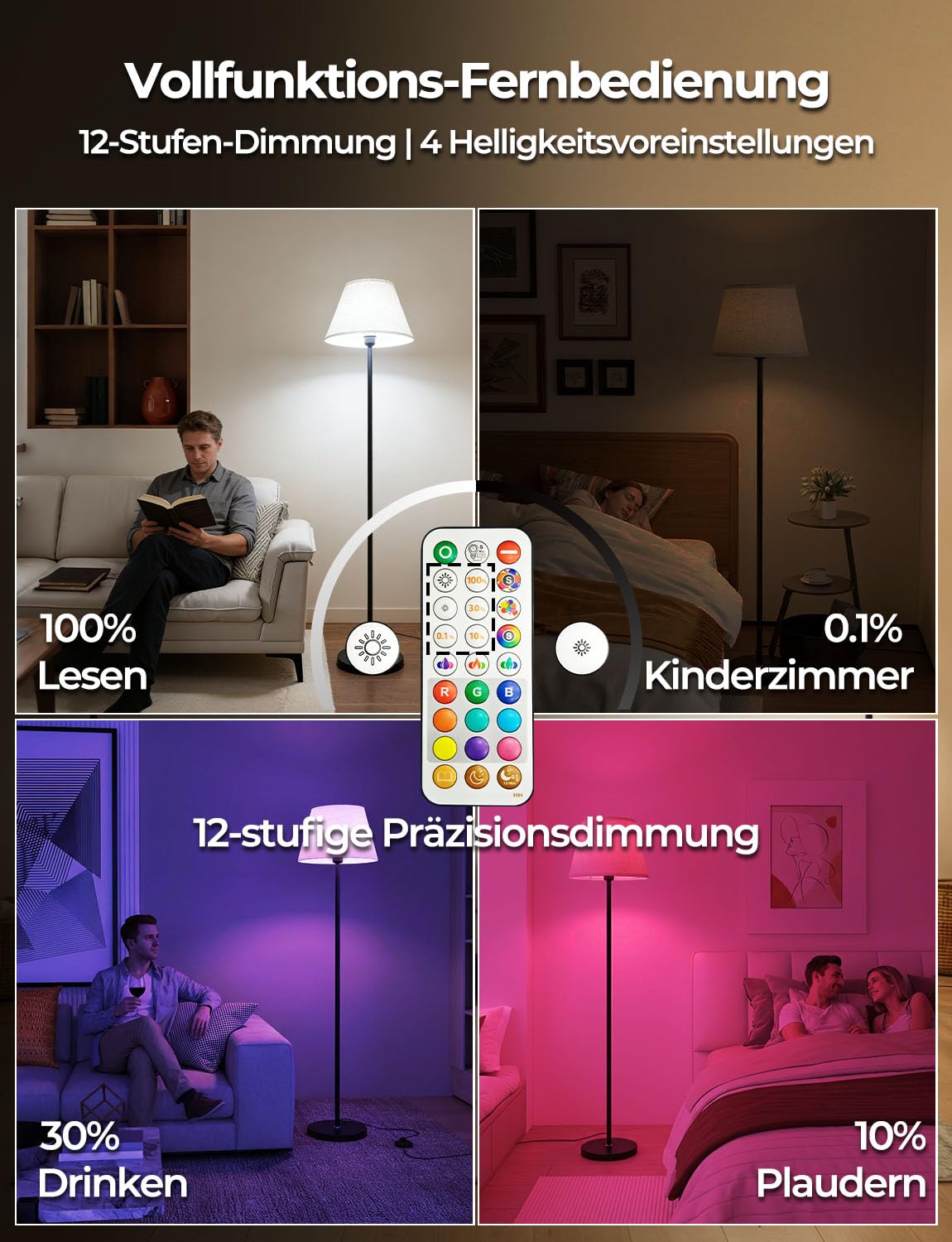 Stehlampe Wohnzimmer Dimmbar RGBDW mit Fernbedienung und Fußschalter, 9 Farben + 6 Dynamische Modi, 152cm Moderne Stehlampe mit 10W 1200LM LED Glühbirne, CRI92, Zeitschaltuhr, für Schlafzimmer & Büro
