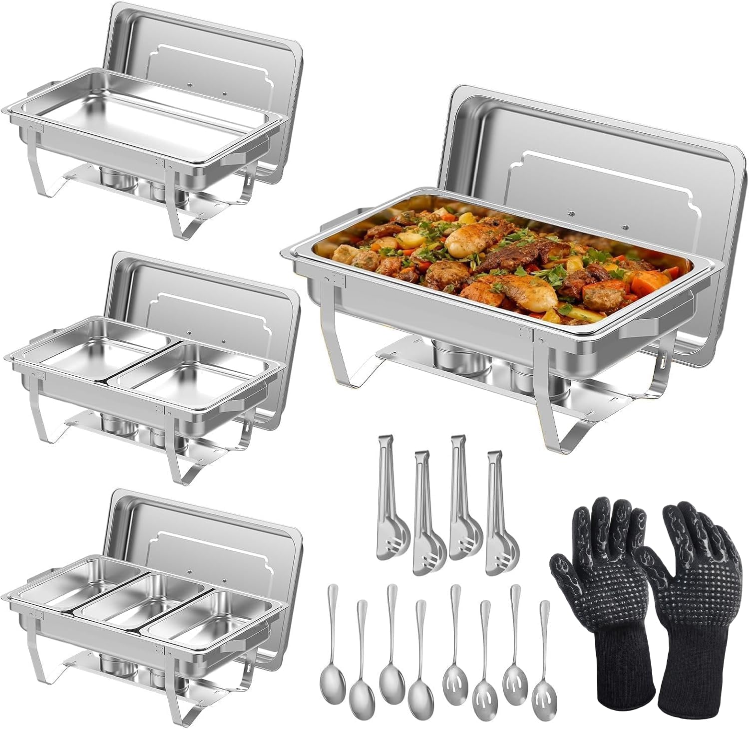 4 Pack 9 Qt Chafing Dishes Buffet Set - Silver Stainless Steel Food Warmers with 14 Serving Utensils, Tongs, Ladles & Grill Gloves for Catering, Parties, Weddings, BBQ Events