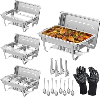 4 Pack 9 Qt Chafing Dishes Buffet Set - Silver Stainless Steel Food Warmers with 14 Serving Utensils, Tongs, Ladles & Grill Gloves for Catering, Parties, Weddings, BBQ Events