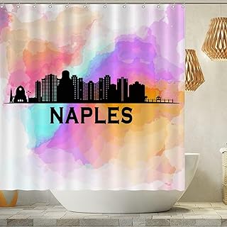 Waterproof Shower Curtain Italy Naples Skyline Bath Curtain 72x72inch Black City Skyline Silhouette Polyester Bathroom Curtain with Hooks Skyline Watercolor Painting Art Shower Curtains