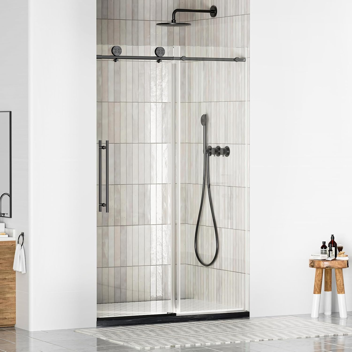 WinZo Frameless Sliding Shower Door 44-48 in W x 76 in H, Bathroom Shower Door with 5/16"(8mm) Clear Tempered Glass Shower Door, Silent Soft-Close Design, Matte Black