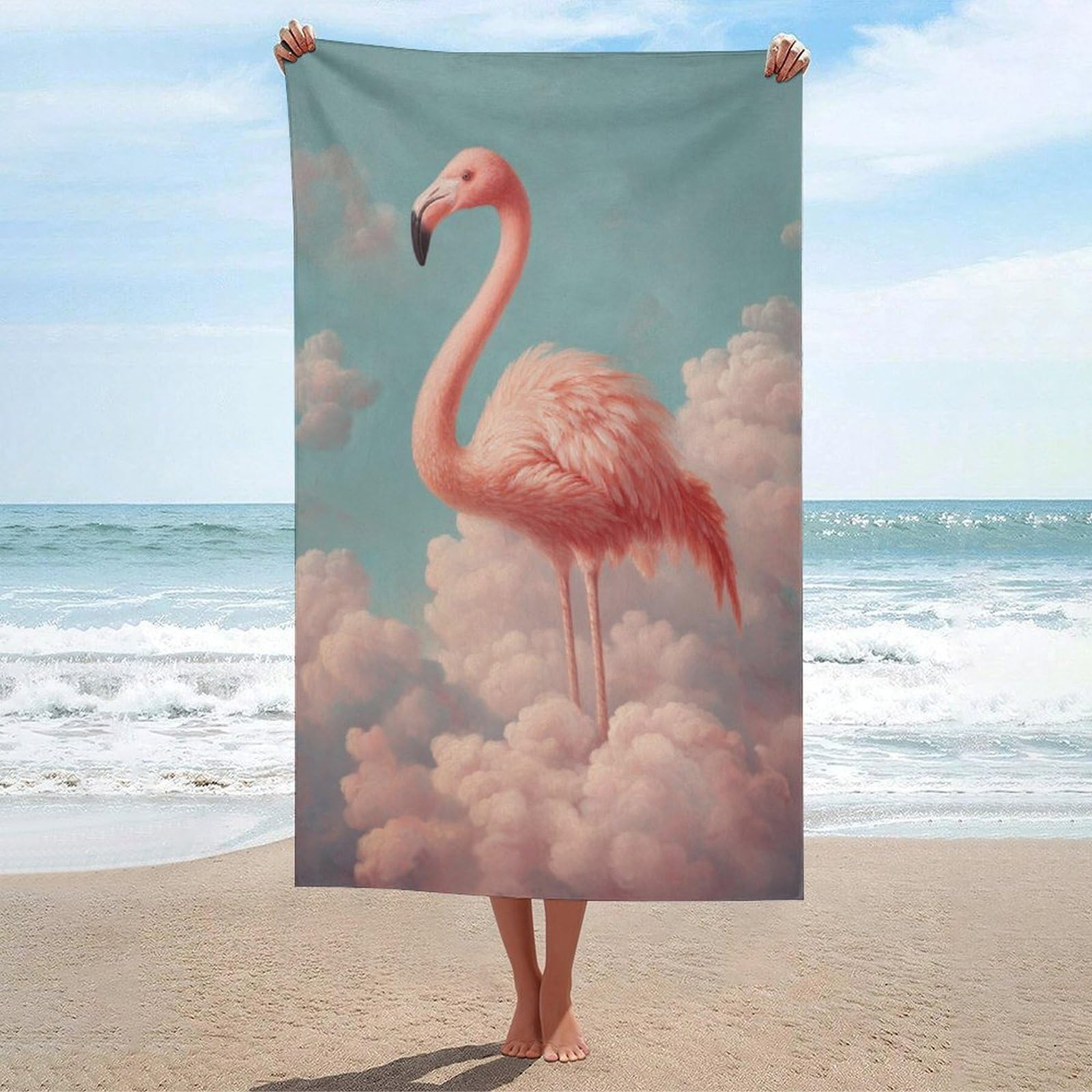 LSRCPD Flamingo Pink Feathers Cloud Beach Towel Sand Free Microfiber Large Shower Towels Multipurpose Absorbent for Bathroom Pool 130x80 CM
