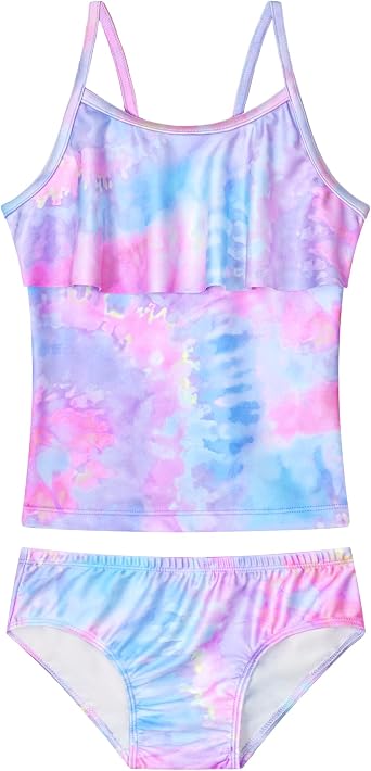 Girls Tankini Swimsuit UPF50+ Ruffle 2 Piece Bathing Suit Full Coverage Kids Swimwear Ages 2-14 Years