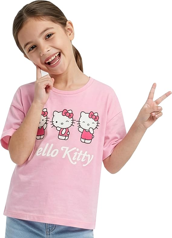 Hello Kitty Girls Tshirt, Boxy Short Sleeve Kids Tshirt, Pink Summer Girls Top, Ages 5 to 13 Years