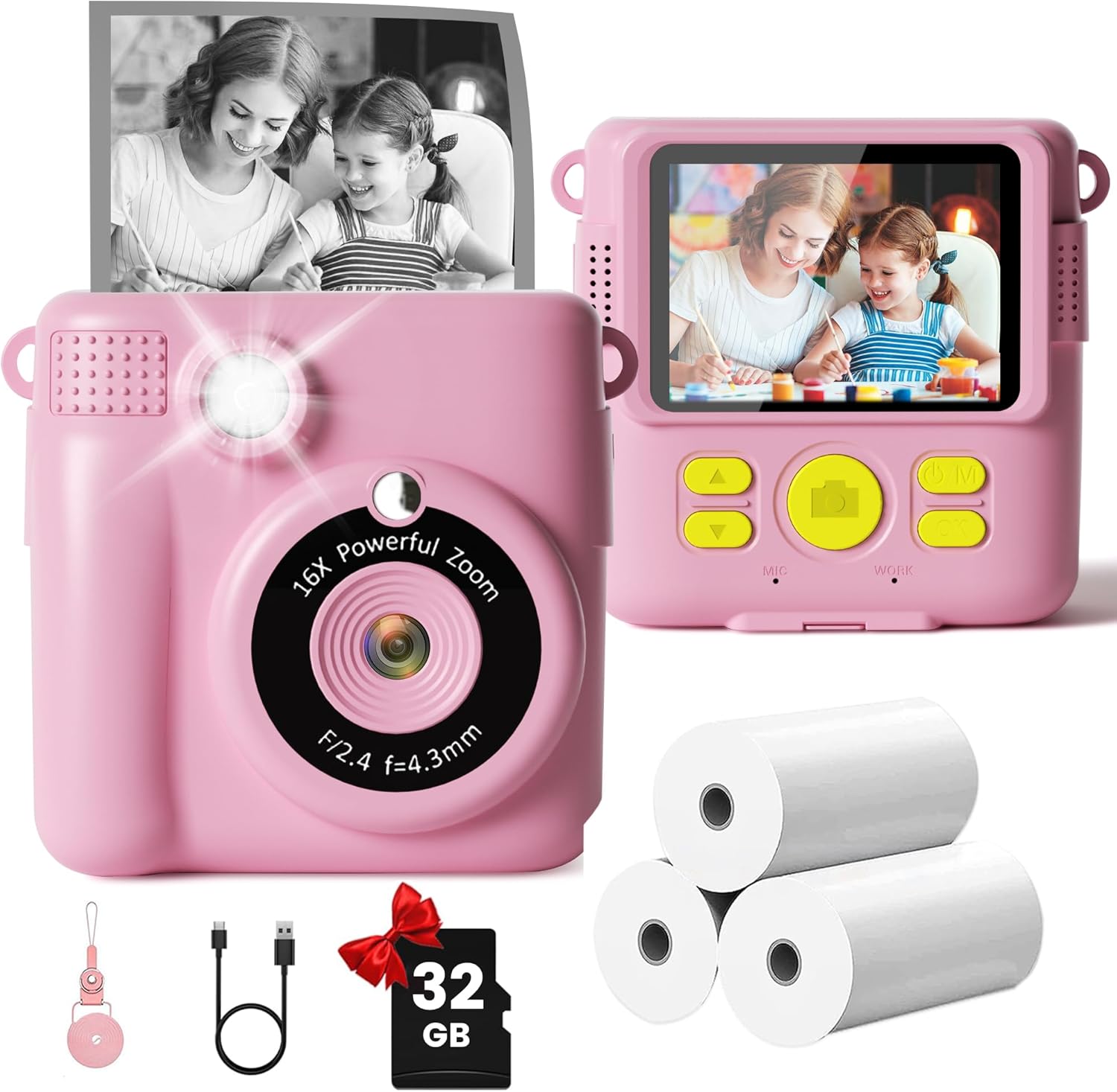 GKTZ Kids Camera Instant Print - 2.4" Eye-Care Digital Video Camera for Toddlers & Kids Ages 3-12, with 3 Rolls Paper & 32GB SD Card, 1080P, 18 Frames, Birthday for Girls