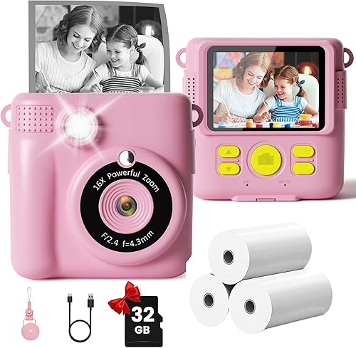 GKTZ Cámara de impresión instantánea para niños, cámara HD 1080P con selfie, tarjeta SD de 32 GB, juguete de viaje portátil, regalo perfecto de Rosa