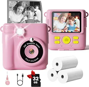 GKTZ Kids Camera Instant Print - 2.4" Digital Video Camera for Toddlers & Kids Ages 3-12, with 3 Rolls Paper & 32GB SD Card, 1080P, 18 Frames, Birthday & Christmas Gifts for Girls