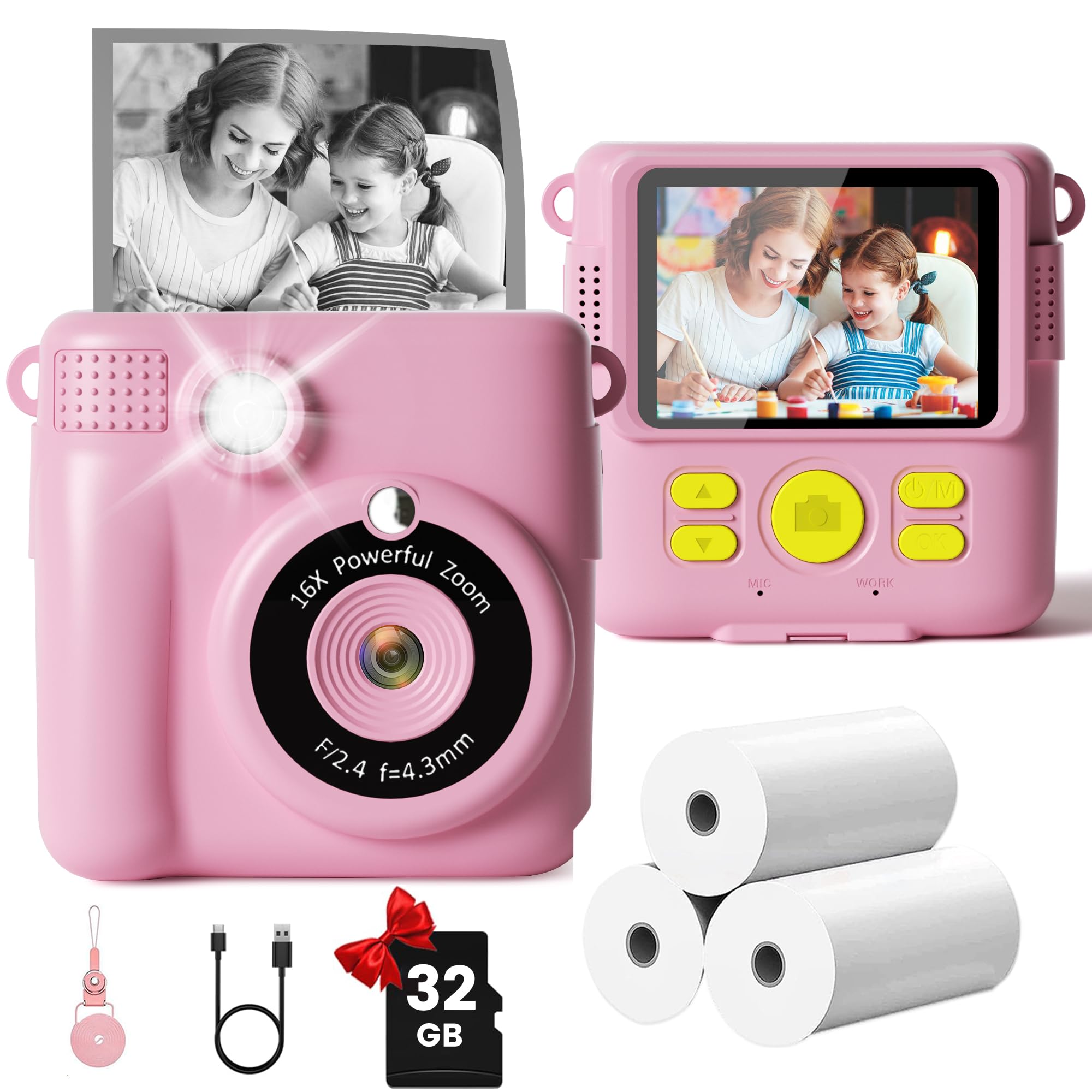 GKTZ Kids Camera Instant Print - 2.4" Eye-Care Digital Video Camera for Toddlers &amp; Kids Ages 3-12, with 3 Rolls Paper &amp; 32GB SD Card, 1080P, 18 Frames, Birthday Christmas Valentines Gifts for Girls