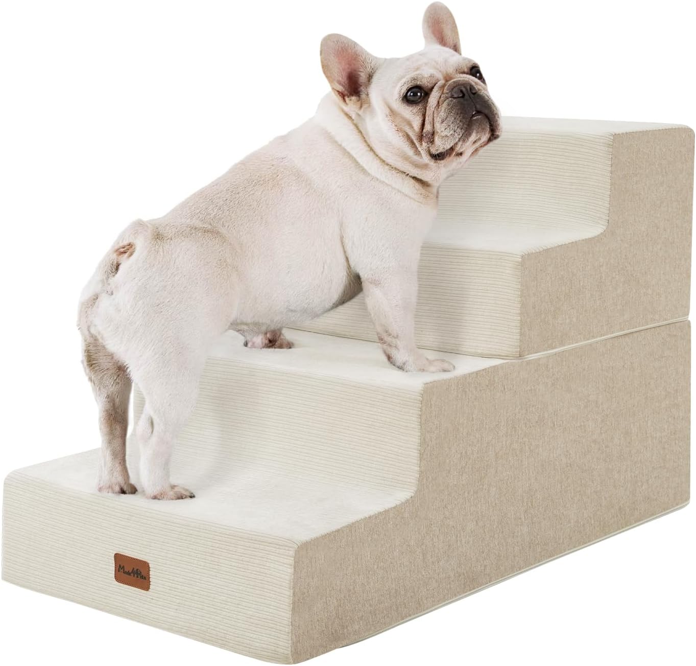 Made4Pets Dog Steps for Bed, Extra Wide Dog Stairs for High Bed Couch Sofa, 35D Foam Pet Steps for Small Dogs and Cats(Up to 40lbs), Non-Slip Bottom Pet Stairs, Beige, 4 Steps