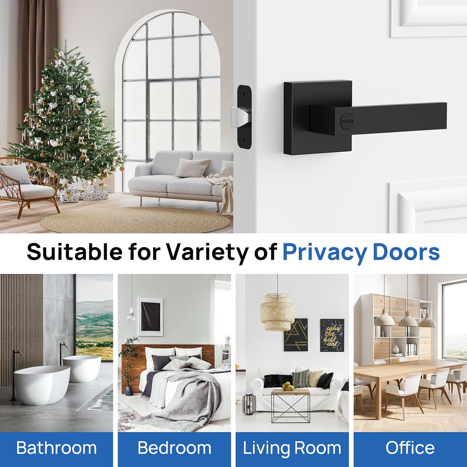 Matte Black Door Handles Interior, Door Knobs for Bedrooms, Heavy Duty Privacy Door Levers, Waterproof Zinc Alloy Bathroom Door Handle for Left & Right Handled Doors (4 Pack)