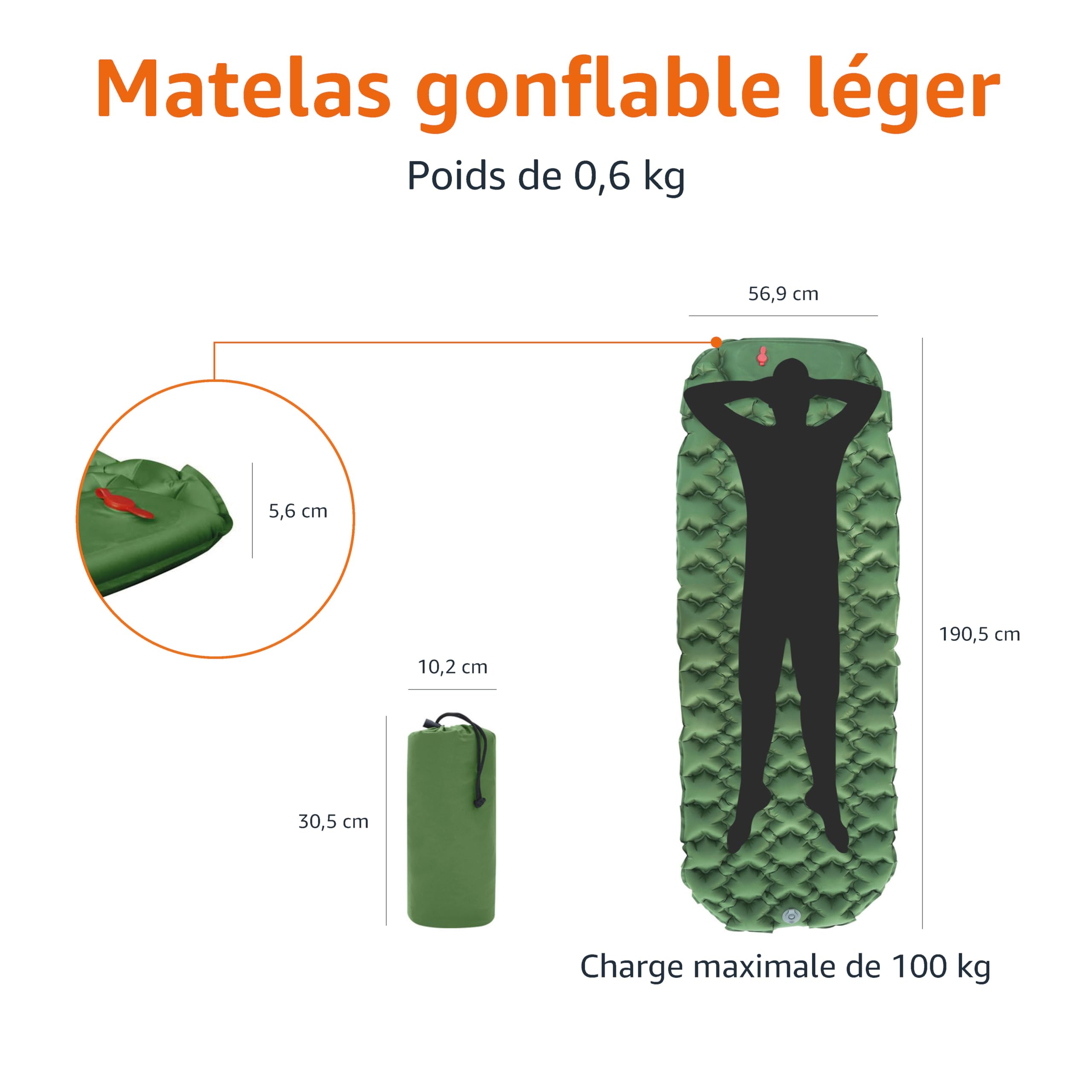 Amazon Basics Tapis de Sol de Camping, Légère, imperméable, Pompe à Pied intégrée, Vert Olive,190.5 x 57 x 5.6 cm