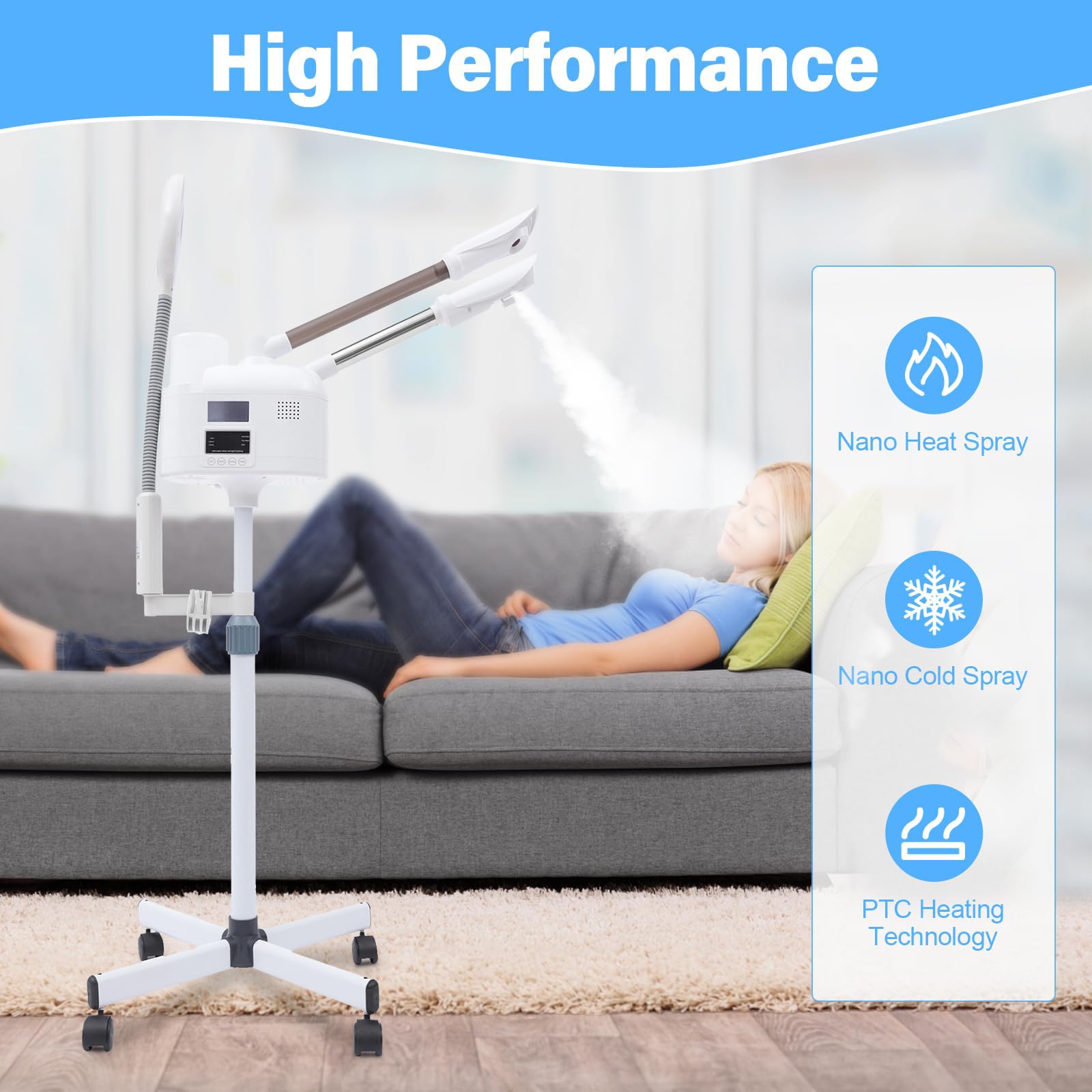 Vaporizador facial 3 en 1, vaporizador facial cosmético, limpiador de poros con boquilla caliente y fría, lámpara LED y lupas, altura y ángulo ajustables, para spa, salón y hogar