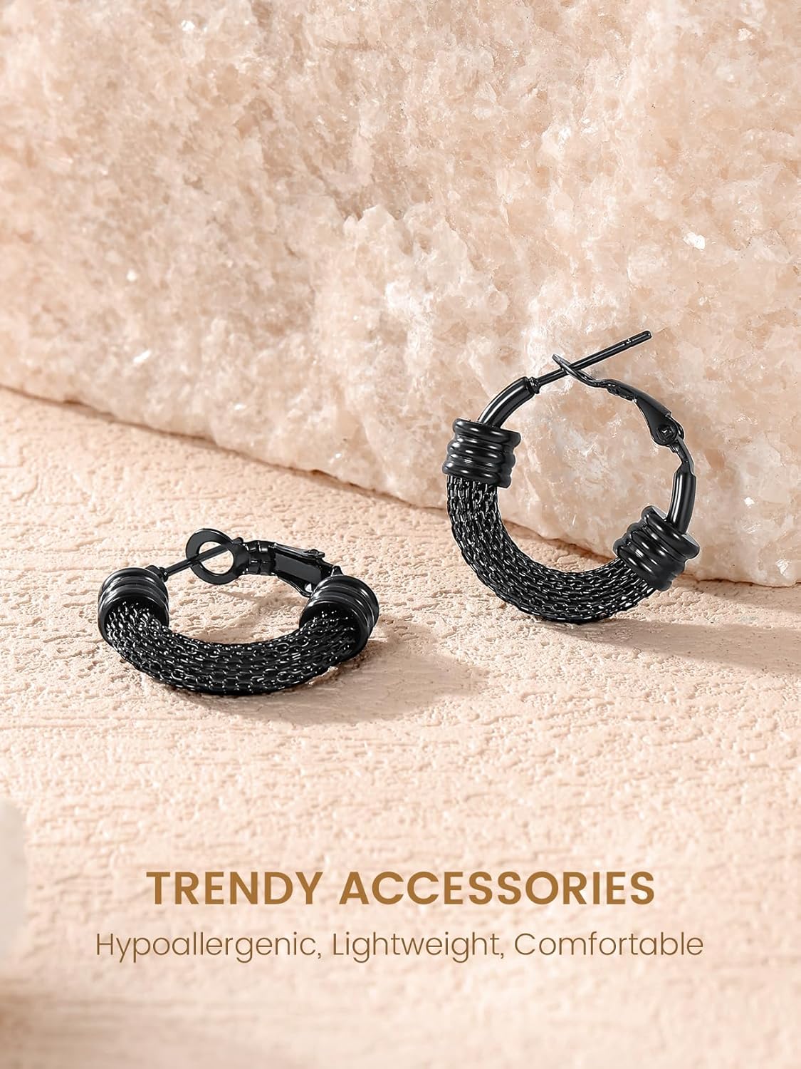 KeyStyle Mesh Hoop Earrings for Women, Stainless Steel Gold Hoops Earring Lightweight Loops, 2MM Thick Hypoallergenic Circle Endless Hollow Hoop 20mm-80mm - Image 4