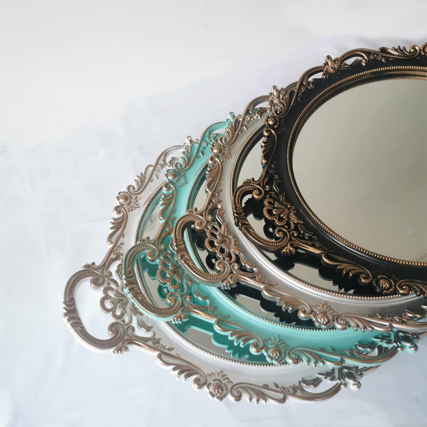 YANIZU Decorative Mirror Tray, Round with Handles, Organizer for Perfume, Makeup, Jewelry, Vintage Display and Serving Tray for Dresser, Counter and Coffee Table, 15.8' x 13', Golden Silver - Image 6