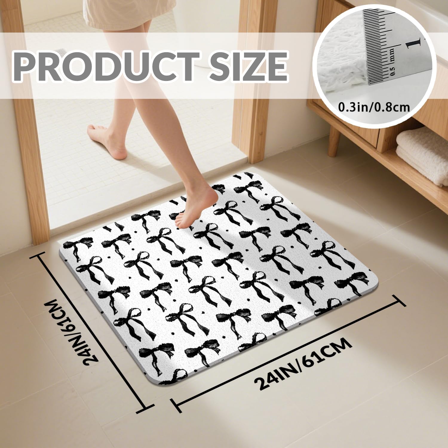 Cute Cartoon Black Bowknot Theme Bathroom Rugs Bath Mat Shower Non Slip Absorbent Washable Bath Mat for Kitchen/Front Door/Living Home 24x24in