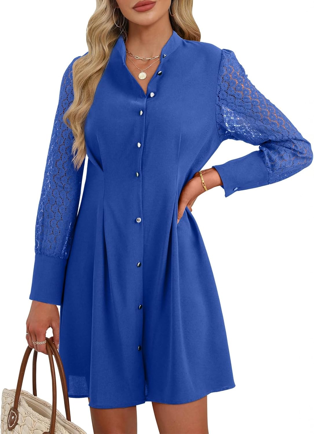 Happy Sailed Formal Dresses for Women Fall Wedding Guest Lace Long Sleeve Button Slim A Line Mini Dress