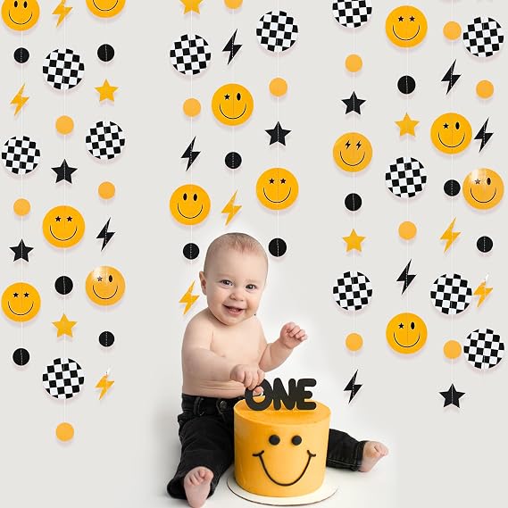 44Ft Black Yellow Smile Face Lightning Star Checkered Circle Dots Garland One Happy Dude 1st Birthday Party Decoration Smiley Face Streamer Backdrop for First Birthday Baby Shower Wedding Hippie Decor