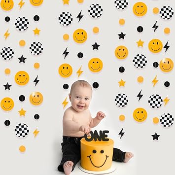 44Ft Black Yellow Smile Face Lightning Star Checkered Circle Dots Garland One Happy Dude 1st Birthday Party Decoration Smiley Face Streamer Backdrop for First Birthday Baby Shower Wedding Hippie Decor