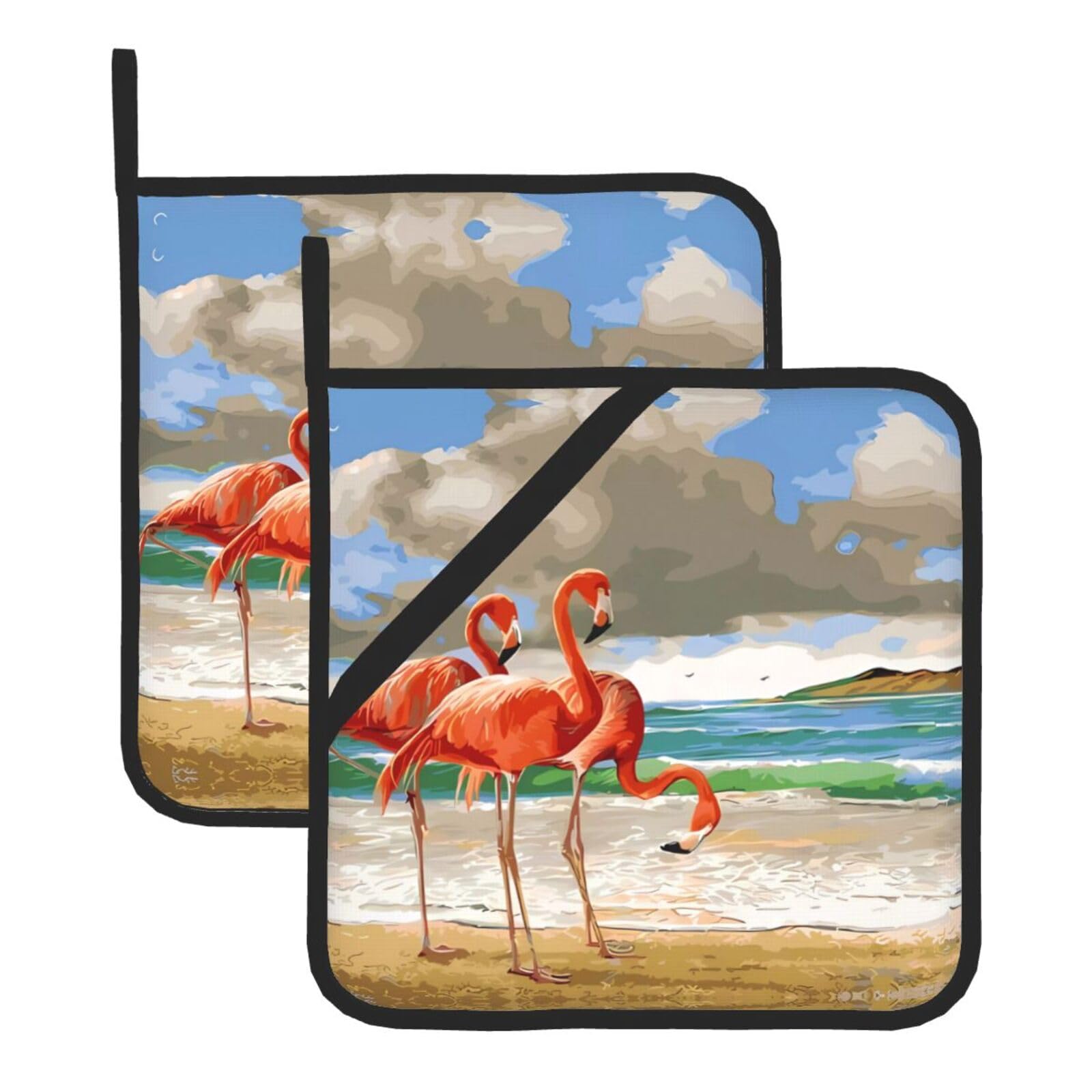YYHWHJDE Flamingo Beach Prints Square Hot Pads for Kitchen Counter - Waterproof Trivets with Hanging Loop, Heat Resistant Pot Covers for Dinning Table, Oven & BBQ - 2 Pack