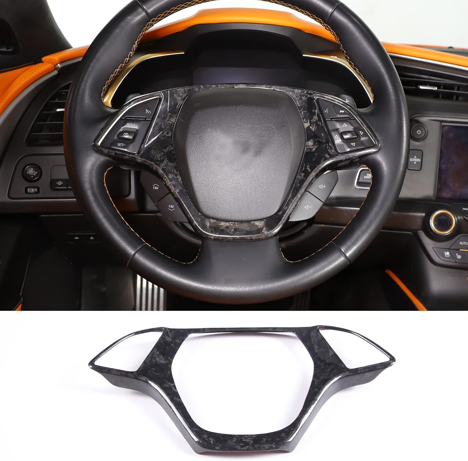 Steering Wheel Cover Trim Real Carbon Fiber 1PCS Compatible with Corvette C7 Stingray 2014-2019 Steering Wheel Button Protection Frame Trim Accessories (Black Carbon)